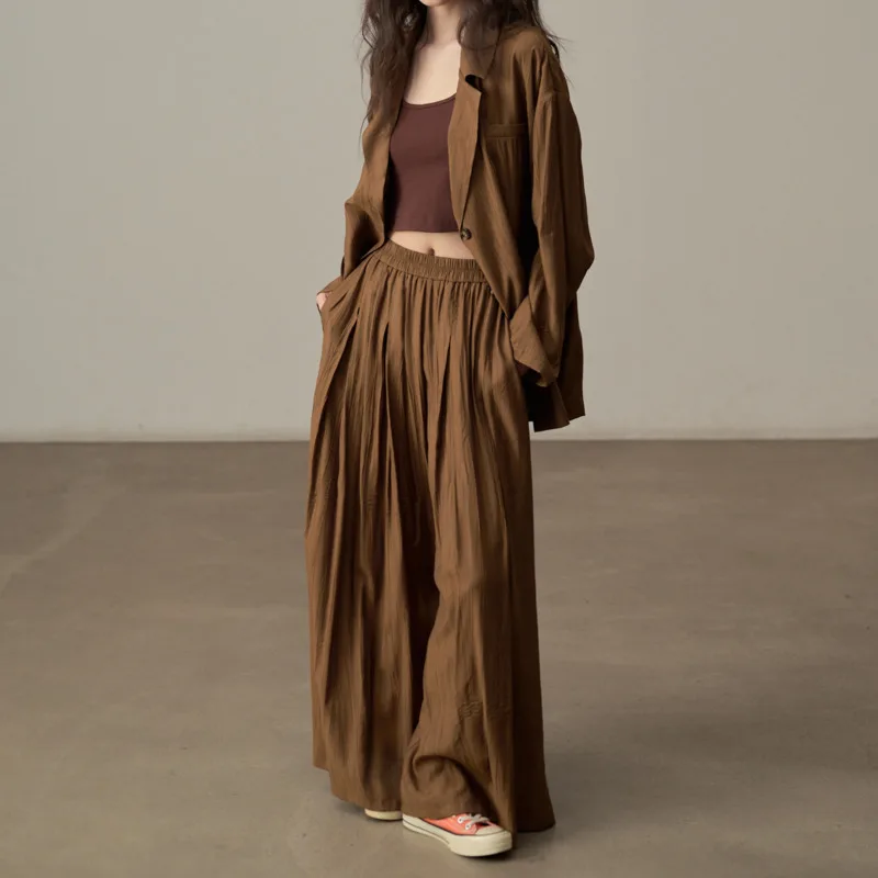 KWTX 2025 Spring Summer Women’s Vintage Streetwear 2-Piece Set Casual Pleated Shirt & Wide Leg Pants Coffee Luxury High Quality