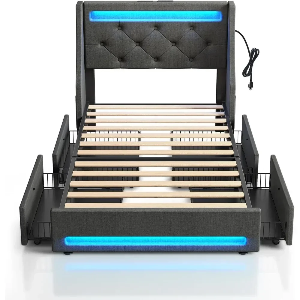 Twin Bed Frame with LED Lights and Charging Station, Upholstered Bed with Drawers, Wooden Slats, Noise Free, Easy Assembly