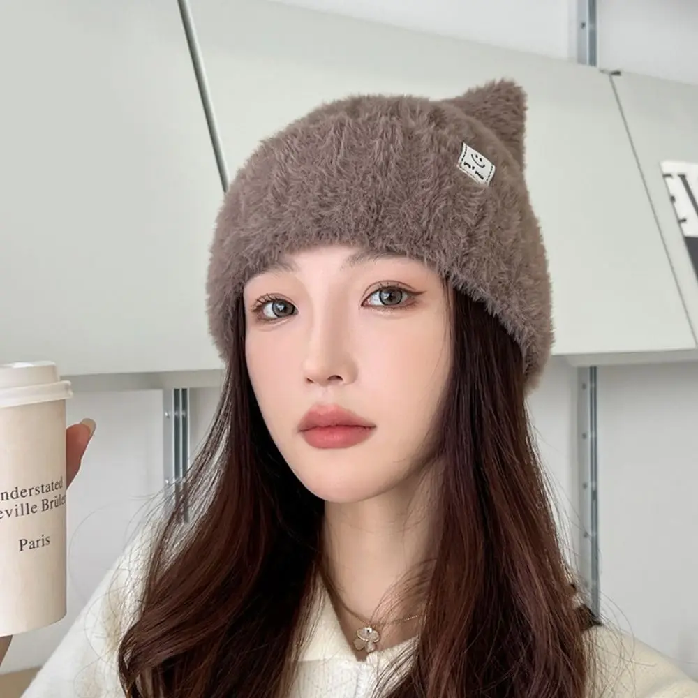 قبعة صوف محبوكة من القطيفة على الموضة مقاومة للرياح قبعات صغيرة مرنة على شكل أذن القط تحافظ على الدفء سميكة قبعة حماية الأذن في الهواء الطلق