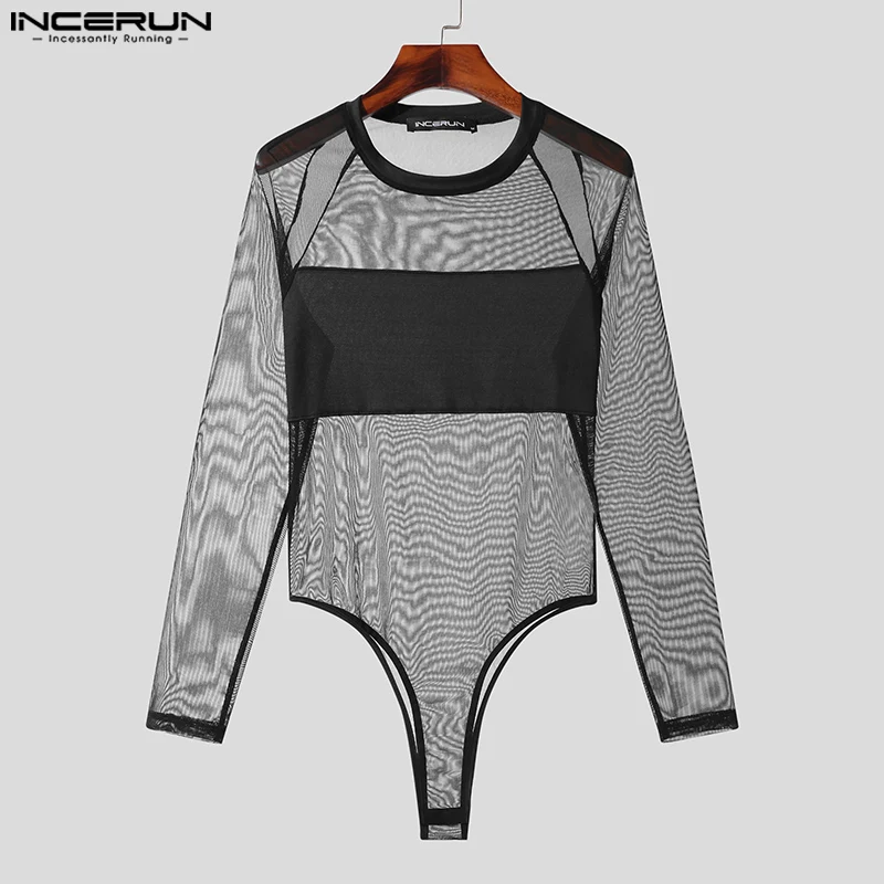 INCERUN-body Sexy de malla fina para hombre, mono de empalme transparente, elegante, de manga larga, S-5XL, gran oferta, 2023