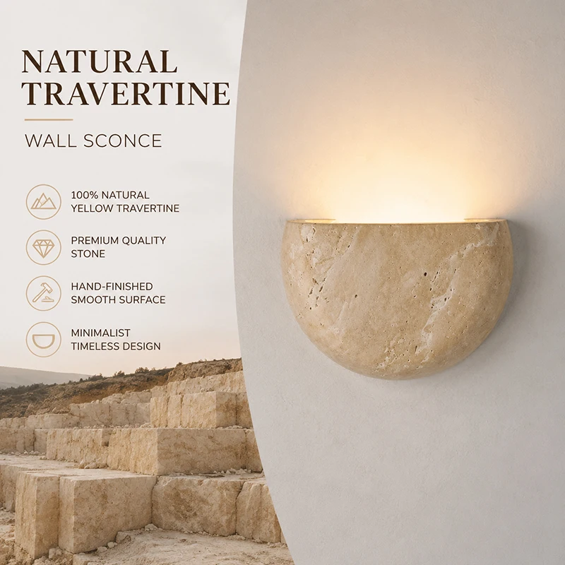 Natural Yellow Travertine Wall Light Modern Minimalist Stone Sconce Wabi Sabi Ambient Wall Lamp Bedside Living Room G9 85-265V