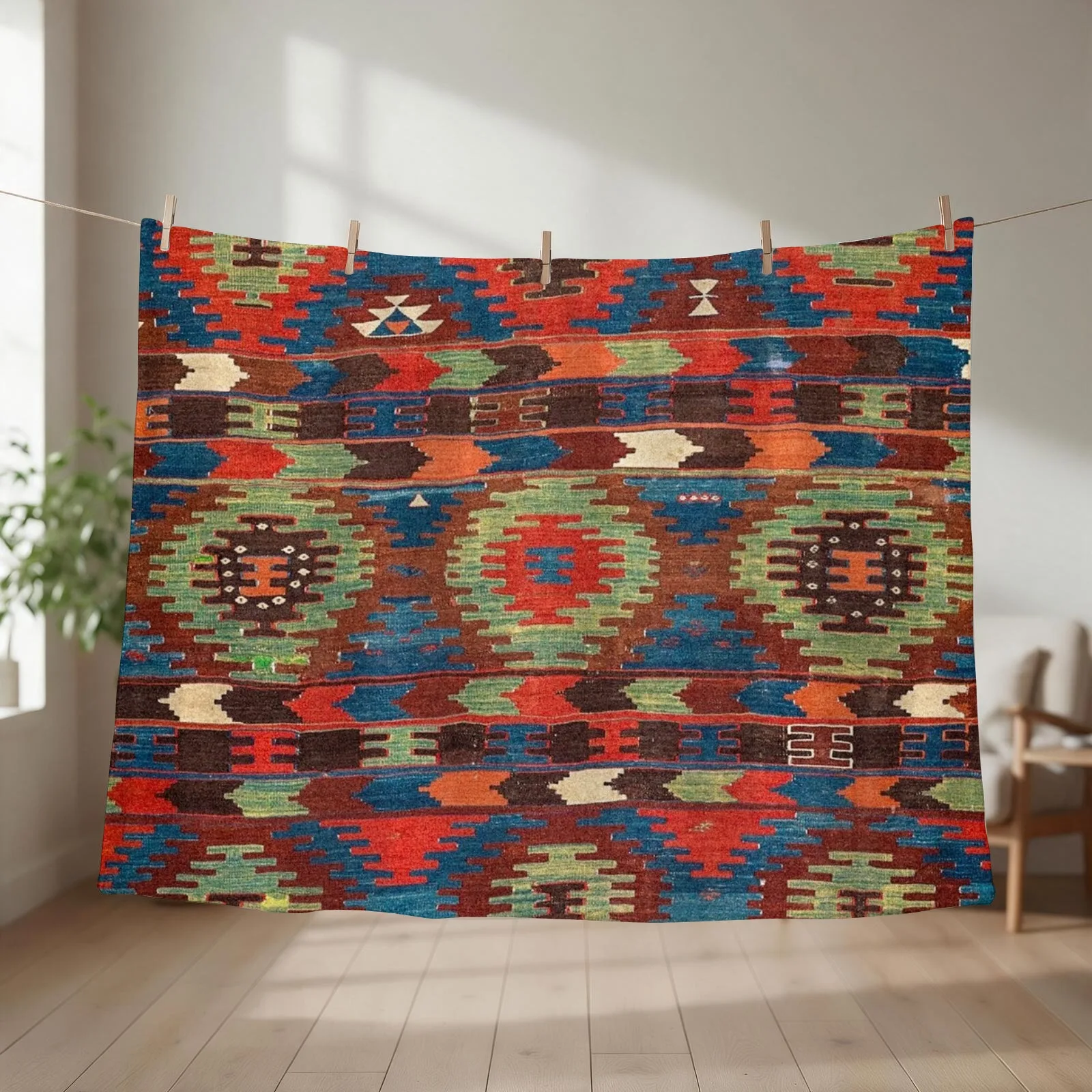 Tuscan Shapes I // 19th Century Southwestern Colorful Red Blue Orange Green Brown Ornate Rug Pattern Throw Blanket