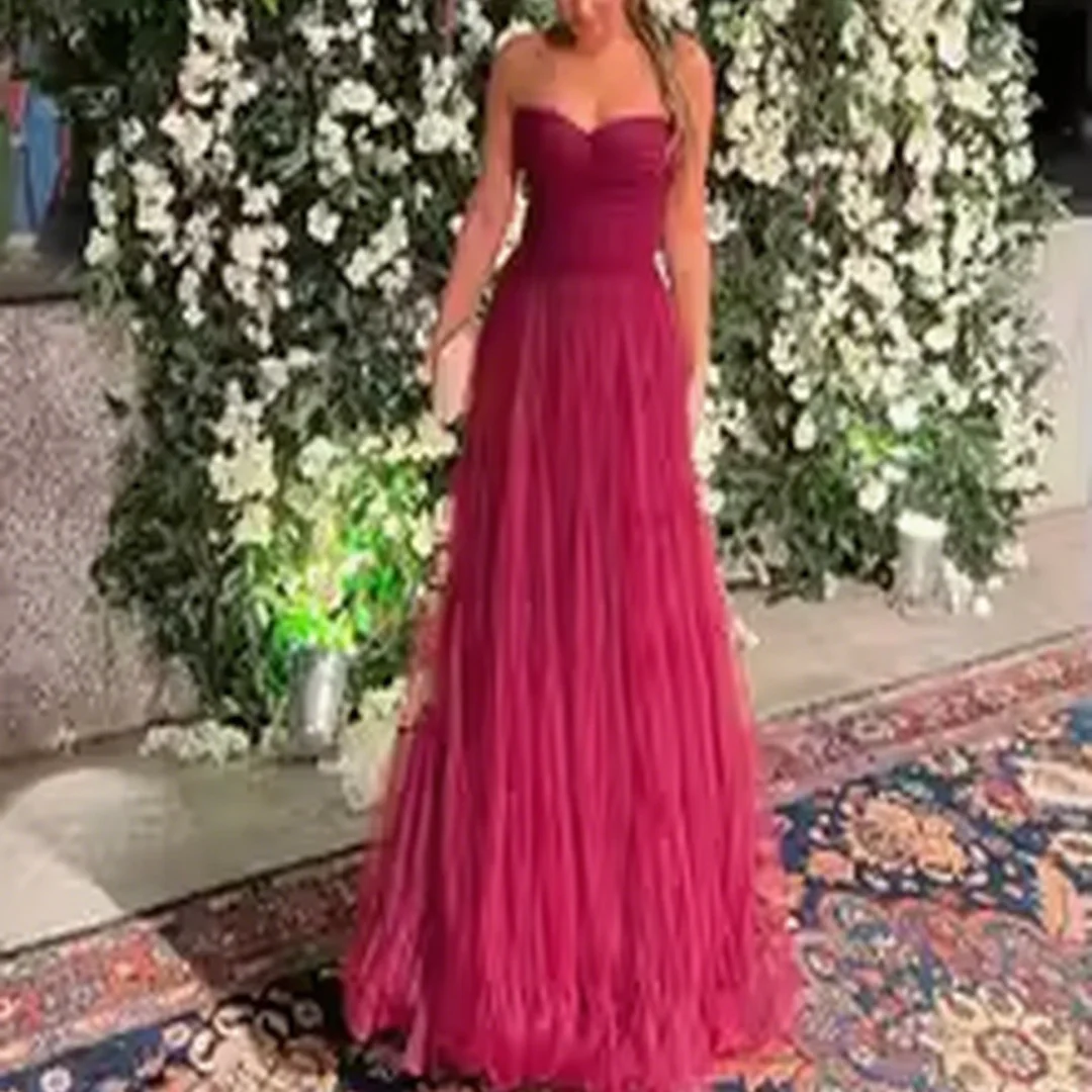 فساتين سهرة رسمية مخصصة على شكل قلب مطوي بدون أكمام بطول الأرض على شكل حرف a للحفلات الراقصة للنساء