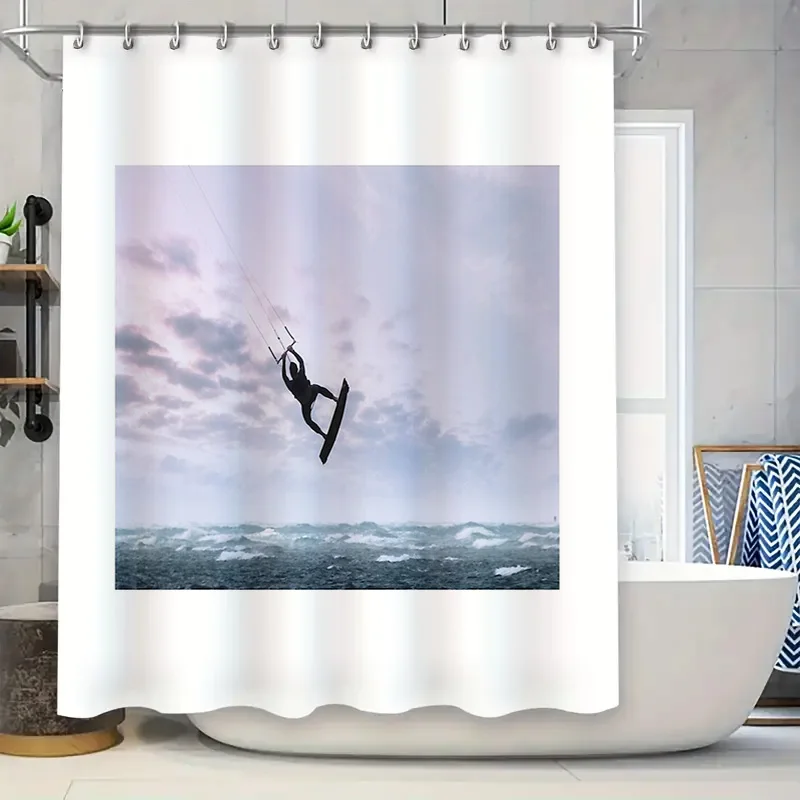 Ocean Wave Surfing Shower Curtain Beach Tropical Seascapes Home Decor Bathroom Art Coastal Vibes Modern Style Waterproof Fabric
