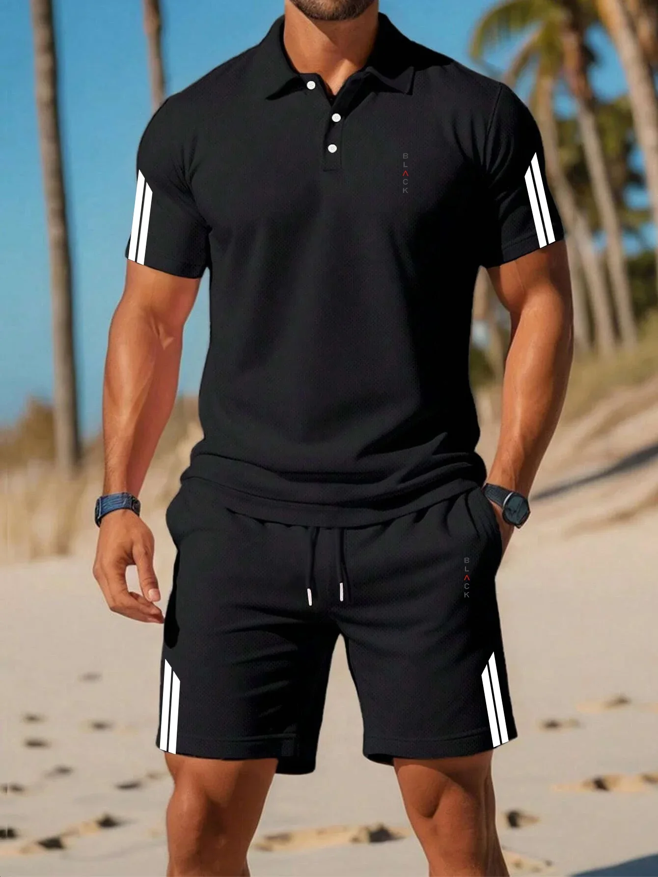 Conjunto de polo de verano para hombre, estampado con patrón de líneas geométricas simples, conjunto de pantalones cortos de manga corta de color sólido, transpirable y de corte ajustado.