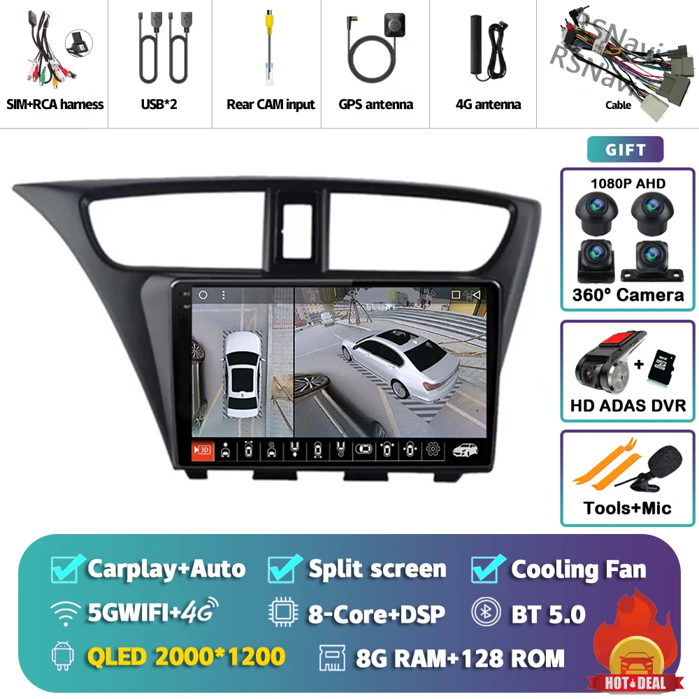 Android 15 Carplay Auto Voor Honda Civic Hatchback 2012 2013 2014 2015 2016 2017 Multimedia Autoradio Speler WIFI + 4G DSP Stereo - afbeelding 1