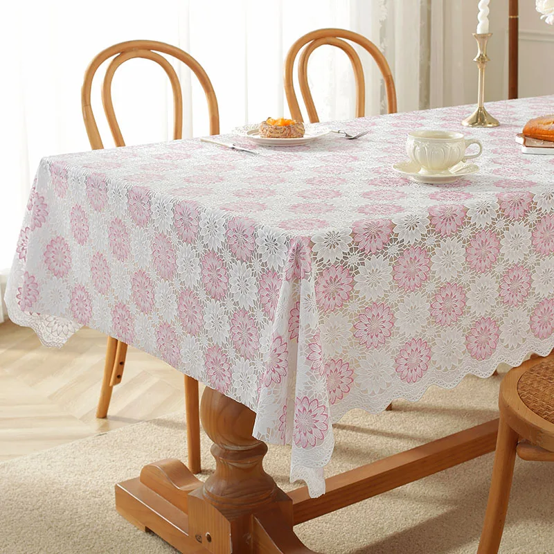 PVC Lace Tablecloth Waterproof Washable and Erasable Table Linen Tea Table Cloth Rectangular Table Cover Whitepink