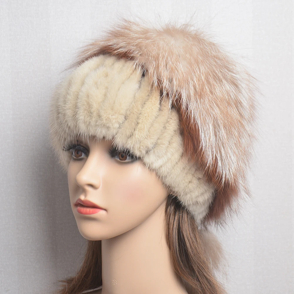 Women\'s Winter Fur Hat Natural Fur Knitted Mink Fox Pom Pom Fur Hats With Balls Stylish Warm Fashion Girls Beanies Hat