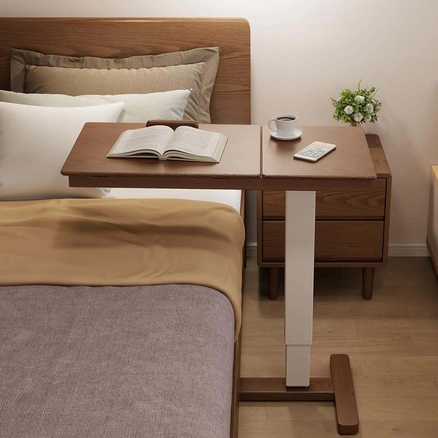 Medical bedside  with adjustable tilt, solid wood L-shaped bedside  with wheels, for dining
