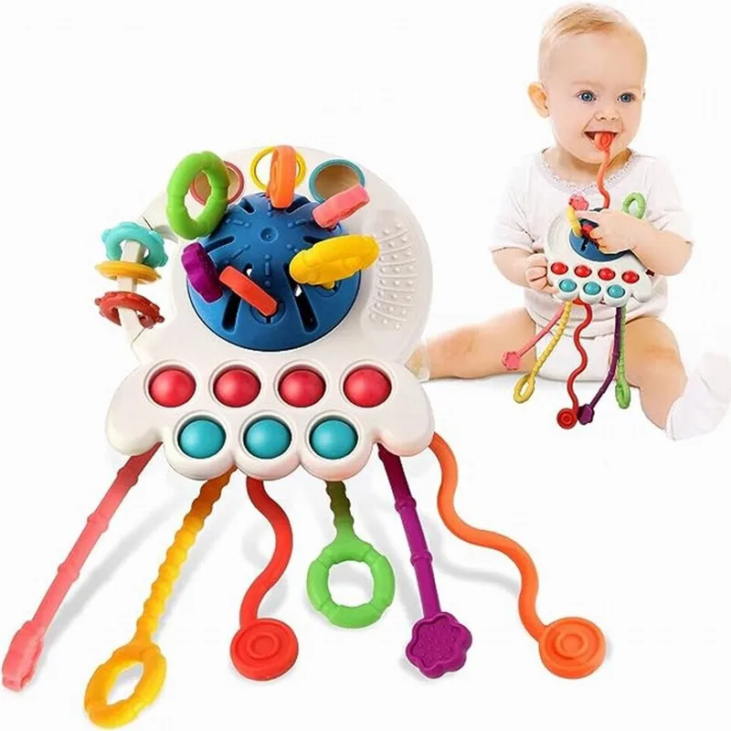 Baby Octopus Pull String Sensory Toys Montessori Development Early Educational Silicone Teething Toy  for Toddler Gift