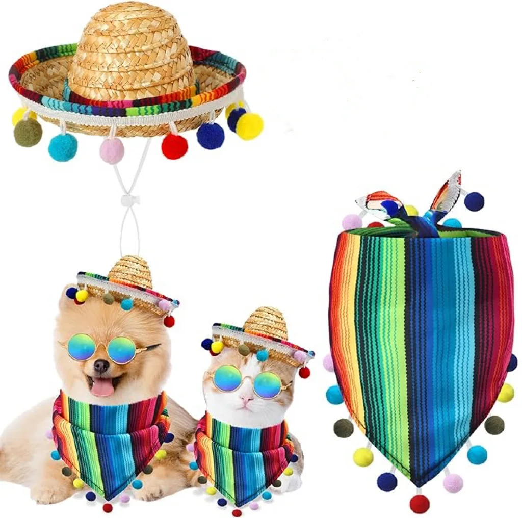 

Summer Vacation Pet Hat Clothing Set Mexican StyleDog Goose Costume Striped Triangle Scarf Party Decoration Design Supplies