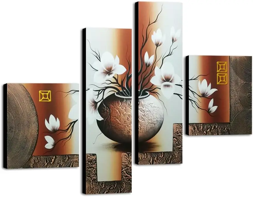 

Art -Stretched and Framed 100% Hand-painted Modern Canvas Wall Art Stretched and Framed Elegant Flowers for Home Decoration Floral Oil Paintings on Canvas 4pcs/set