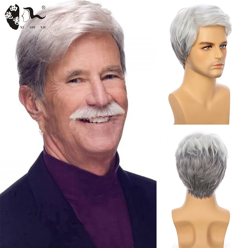 Short Ombre White Gray Synthetic Wig For Men Blanche Wig Male\'s Toupees Halloween Costume Older Man Natural Side Part Daily Wigs