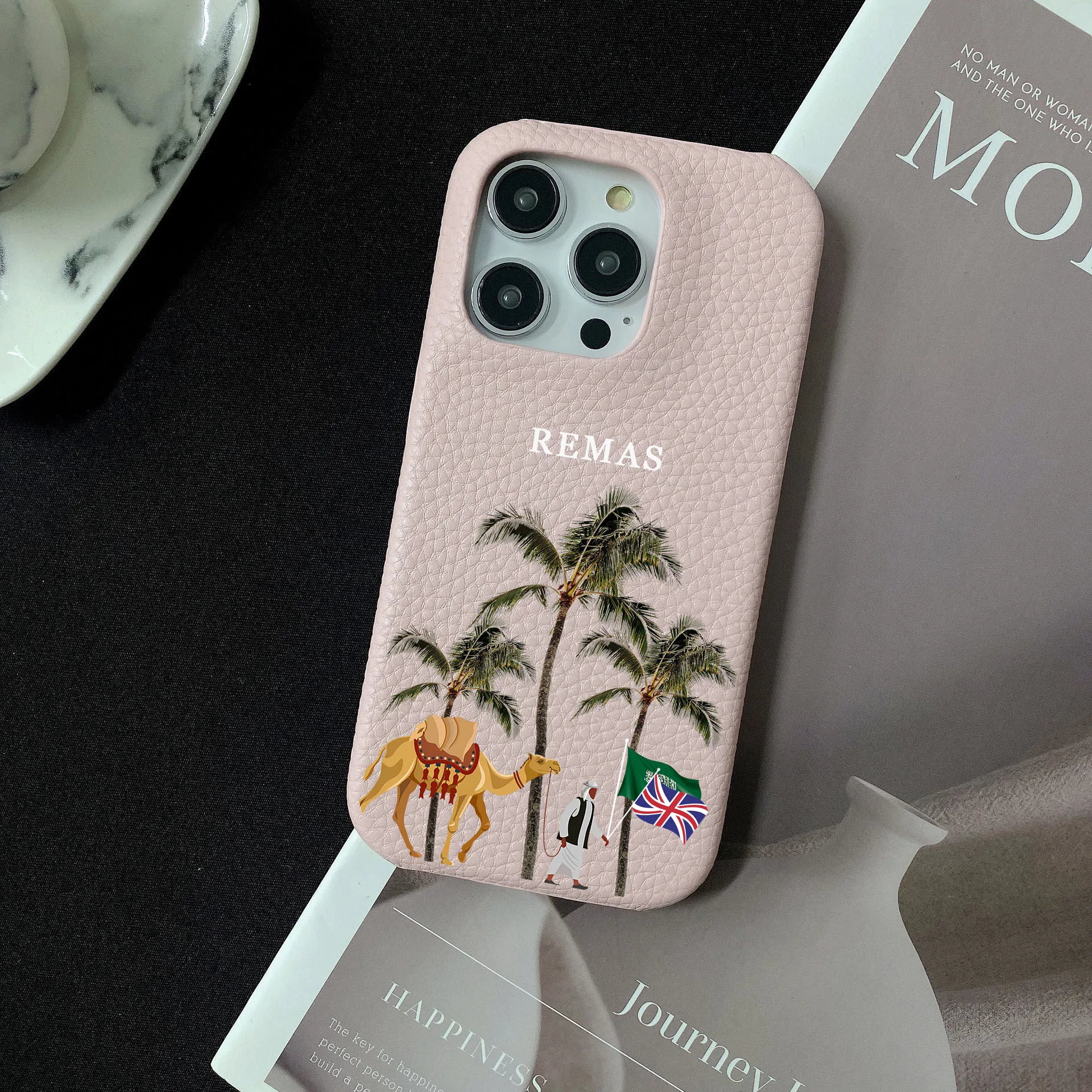 Camel Coconut tree Personalised Customized Name Leather Case For iPhone 16 15 14 13 12 11 Pro Max Initial Letters Engraved Cover