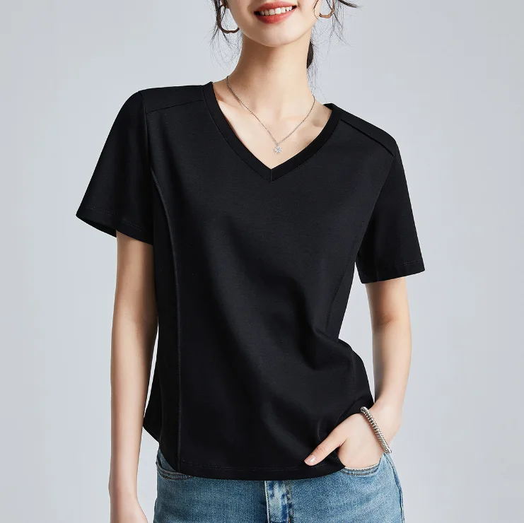 v-neck short-sleeved square shoulder T-shirt women summer design bottoming shirt tight sweet and spicy style models short tops