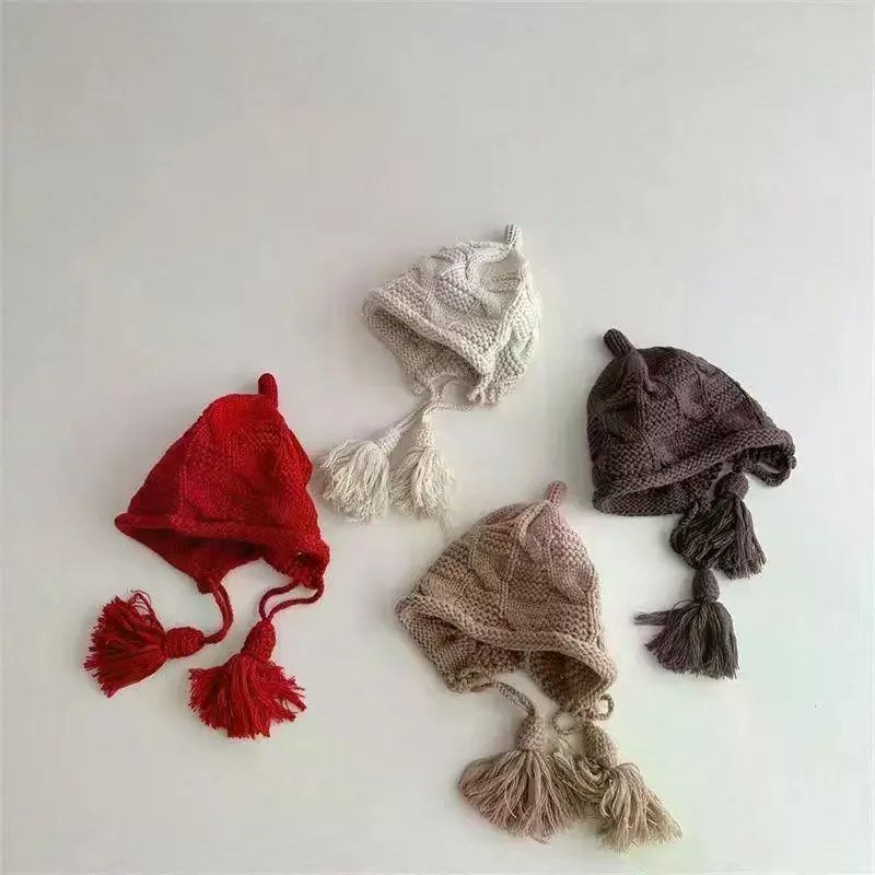 قبعة صوفية بغطاء للرأس للأطفال؛ برباط شرابة، تصميم من الصوف المحبوك المقاوم للرياح؛ مثالي للخريف والشتاء. #4