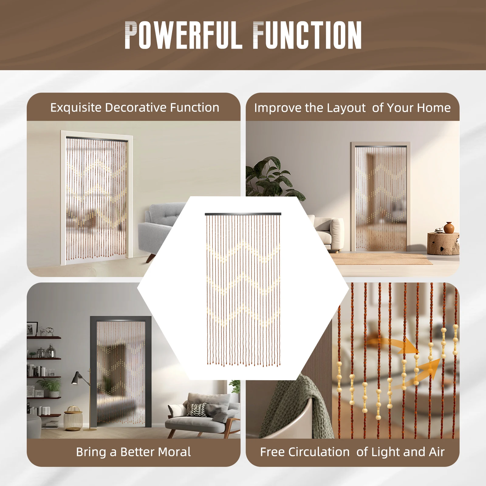 ستارة خرز خشبية مزخرفة، مقسم غرفة من الخرز الخشبي الطبيعي، ديكور منزلي خفيف الوزن لغرفة النوم وغرفة المعيشة والمدخل