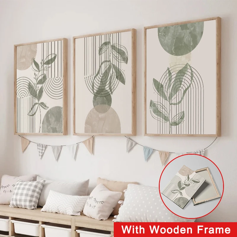 

Framed Boho Green Beige Botanical Poster Sage Abstract Line Canvas Painting Bedroom Gallery Fashion Decoration Wall Art