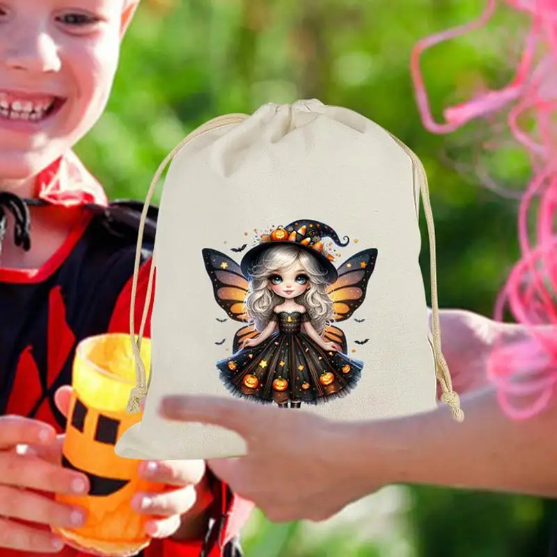 Multifuncional Halloween Party Bags, cordão de algodão, fadas impressas, doces sacos, leve, grande