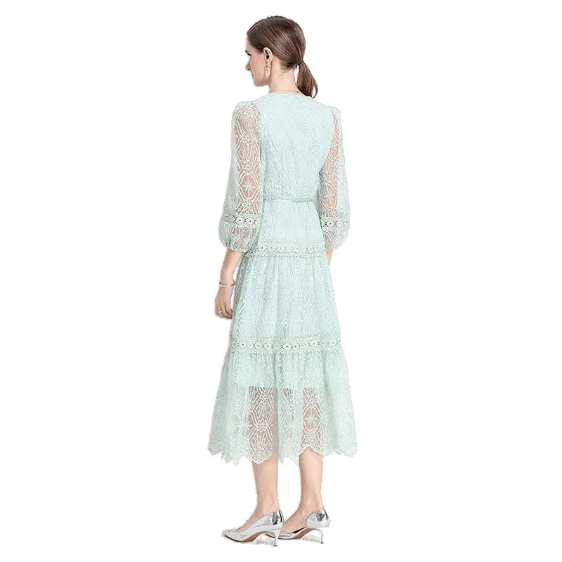 우아한 레이스 브이넥 랜턴 소매 드레스 여성용 단추 슬림핏 미디 드레스 여름 두꺼운 바람막이 스타일 중국산