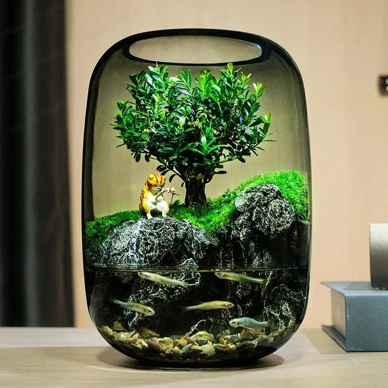 

Mini Aquariums Indoor Glass Fish Tank Desktop Moss Micro-landscape Aquariums Modern Decoration Terrarium Fish Tanks with Lamp