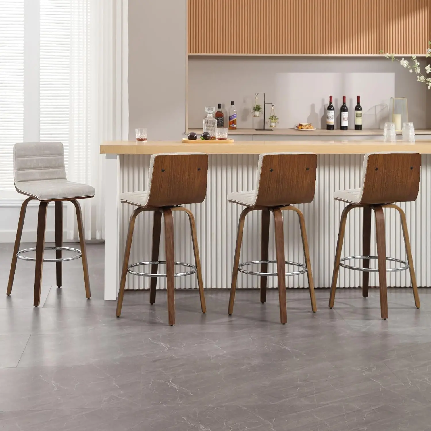 

Bar Stools Set Of 4 Swivel Bar Stools With Backs, 29 Inch Bar Height Upholstered PU Leather Barstool, L Shape Back,, Customized