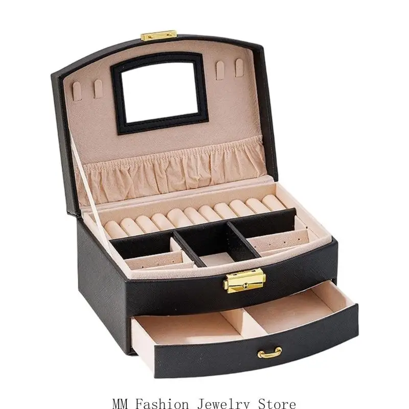 Jewelry Storage Box with Leather Exterior, Two-Level Sectioned Storage, Built-In Lid Mirror, and Metal Clasp Closure D0UB
