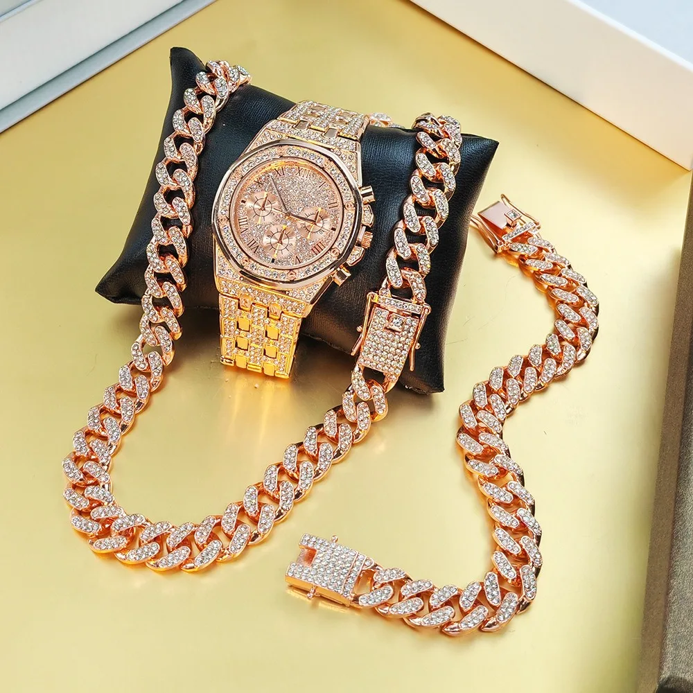 

3 шт. роскошные кварцевые мужские наручные часы в стиле хип-хоп с блестящими стразами Iced Out кубинская цепочка браслет ожерелье часы мужской комплект ювелирных изделий