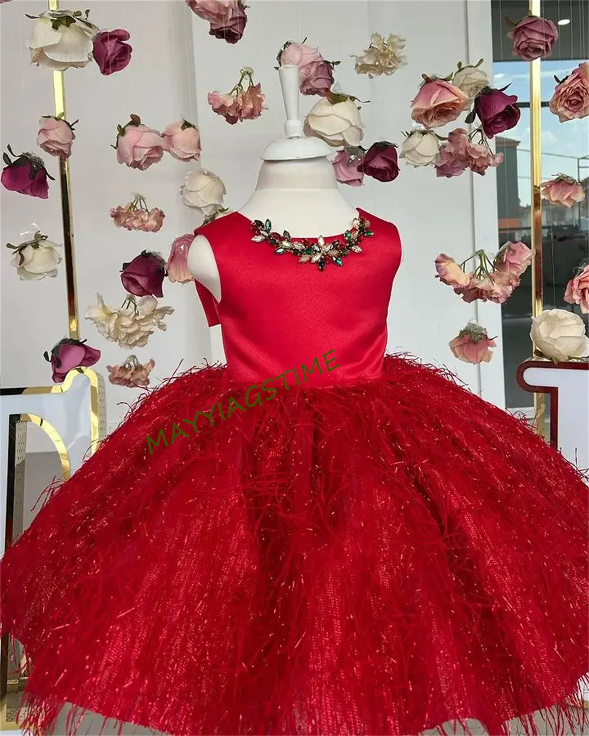 Vestidos de niña de flores rojas con lazo lindo, vestidos de niña de flores rojas, vestidos de niña hinchados, vestido de niña pequeña de princesa brillante D