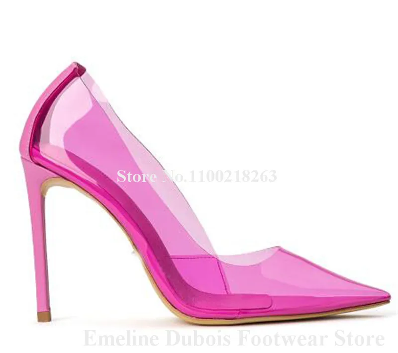 Clear PVC Pumps Emeline Dubois Pointed Toe Transparent Rose Pink Silver Patchwork Stiletto Heel Dress Shoes Party Big Size Heels