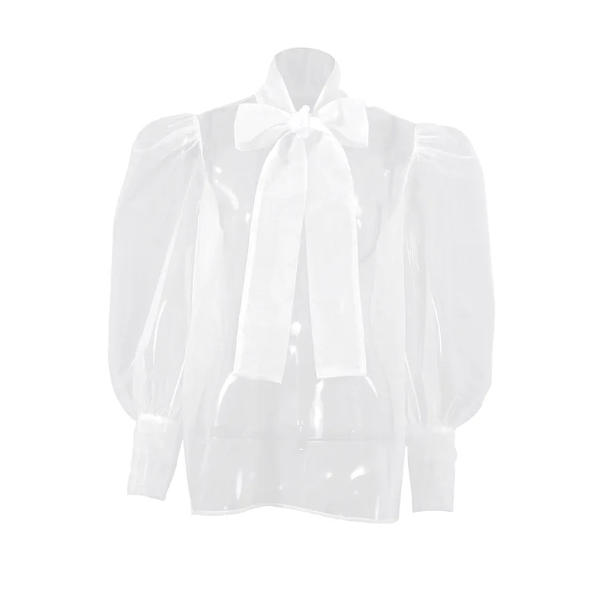 Femmes voir à travers la chemise Blouse manches bouffantes nœud à lacets col élégant doux Chic en mousseline de soie décontracté Streetwear Blouse haut 2025