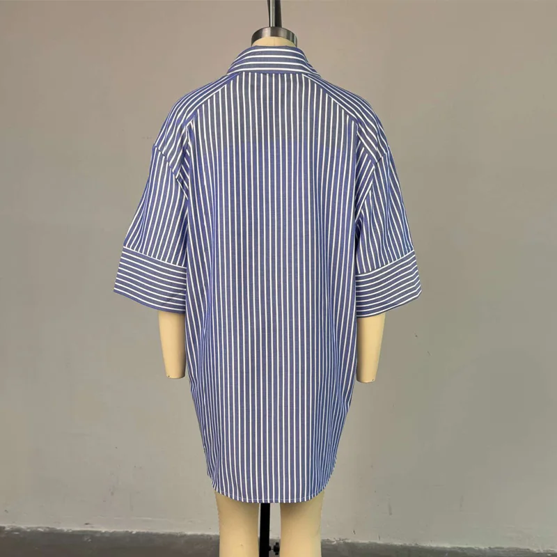 슬레기리 여성용 패셔너블 블루 스트라이프 버튼다운 셔츠 2025 여름 3/4 소매 턴다운 칼라 루즈 캐주얼 하이 로우 탑