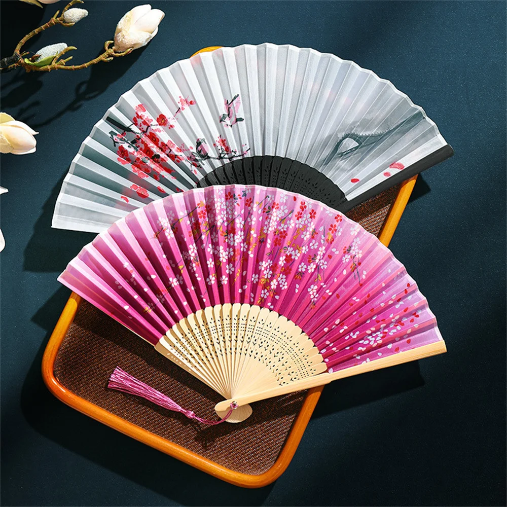Vintage Handheld Folding Fan Chinese Silk Fan with Tassel Floral Manual Bamboo Fans for Women Music Festival Dance Party