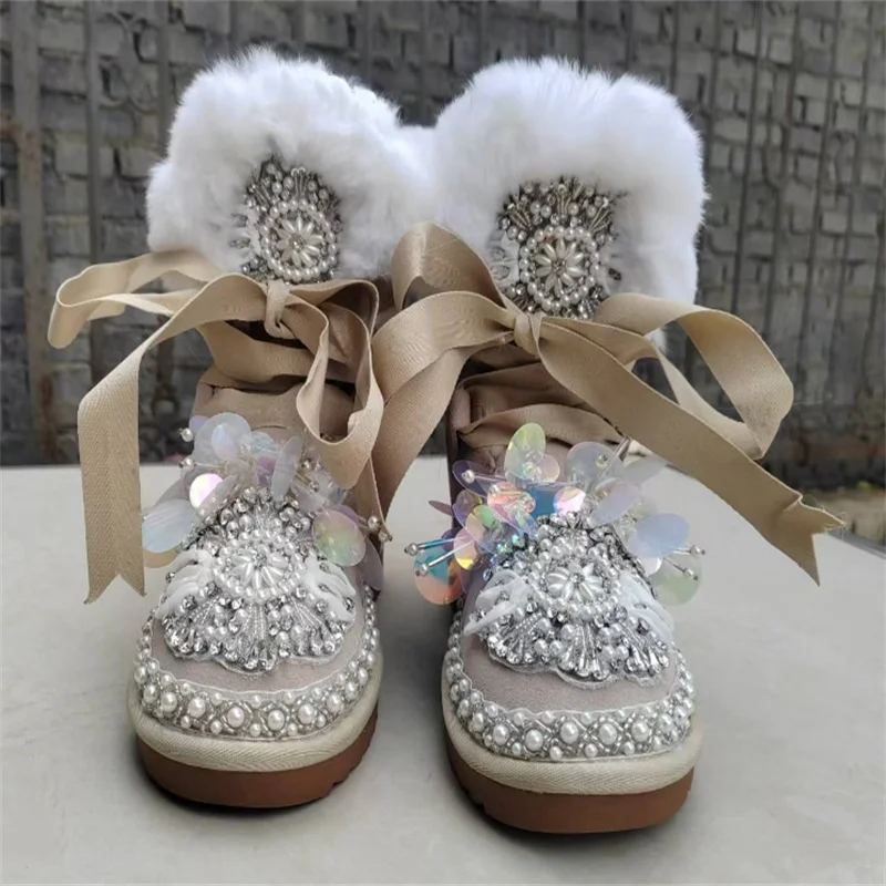 Beaver rabbit hair pearl diamond-sequined fur one snow boots handmade custom large size banquet women's cotton shoes 35-44