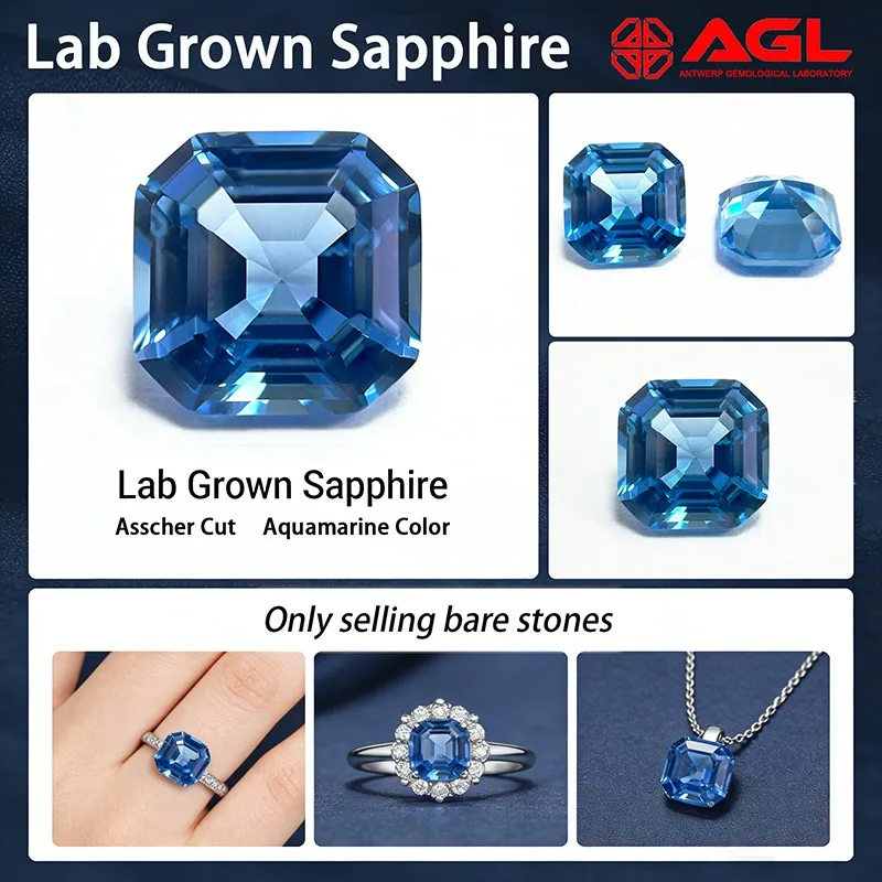 Im Labor gezüchteter Saphir in Asscher-Schliff, Aquamarinfarbe, VVS1, Charms für die Schmuckherstellung, DIY-Ring, Halskette, Ohrringe, Hauptmaterialien – Detail 6