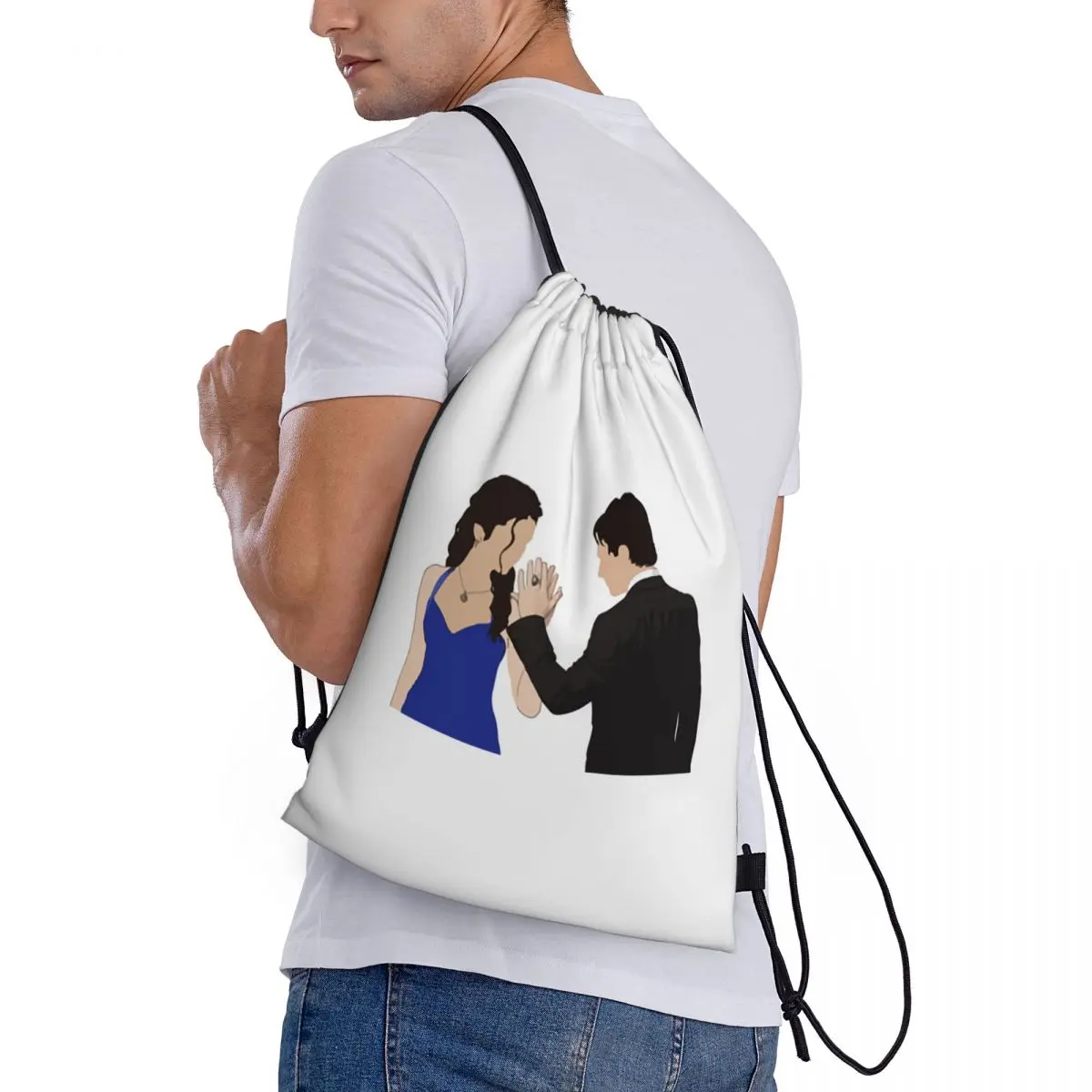 

The Vampire Diaries Damon Salvatore And Elena Backpacks Fashion Drawstring Bags Sports Bag Book Bags for Man Woman School