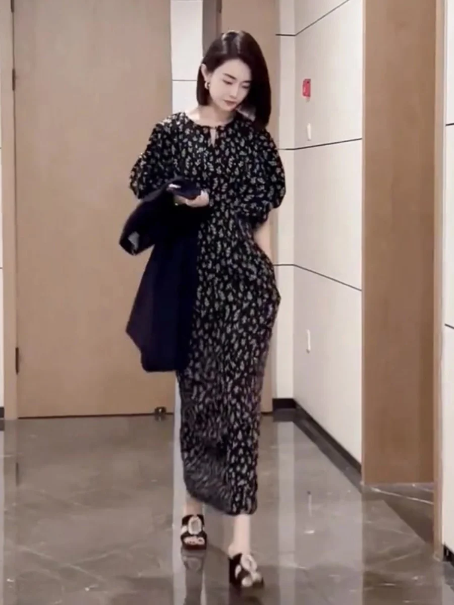 

Elegant Black Floral Print Dress Women's Summer New Style Commute Style Bubble Sleeve Zipper Back Long Dress