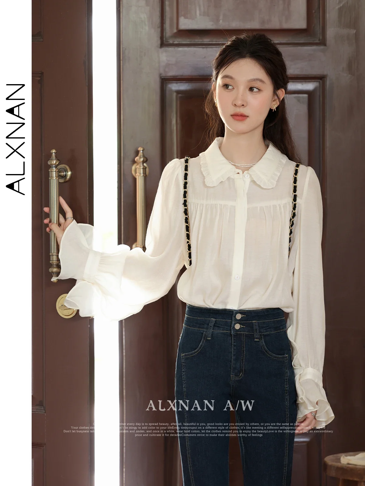 ALXNAN Women's Button Up Shirts and Blouses 2024 Autumn New Petal Long Sleeve Blouse Female Turn-down Collar Loose Tops LXN31211