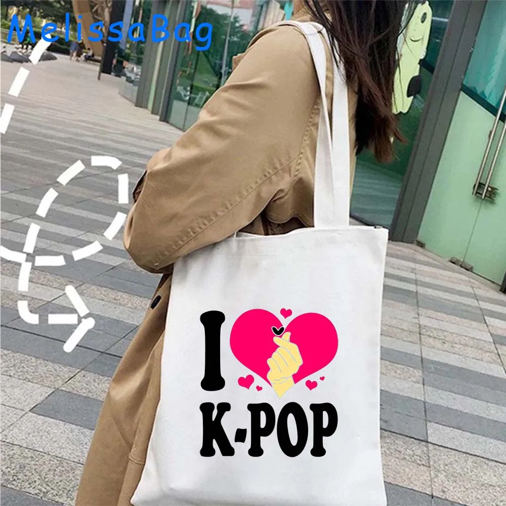 Kdrama KPop Lover Funny Kpop Girl Eat Sleep KPop Repeat Finger Heart South Korea Gifts Canvas Shoulder Totes Bag Cotton Handbags