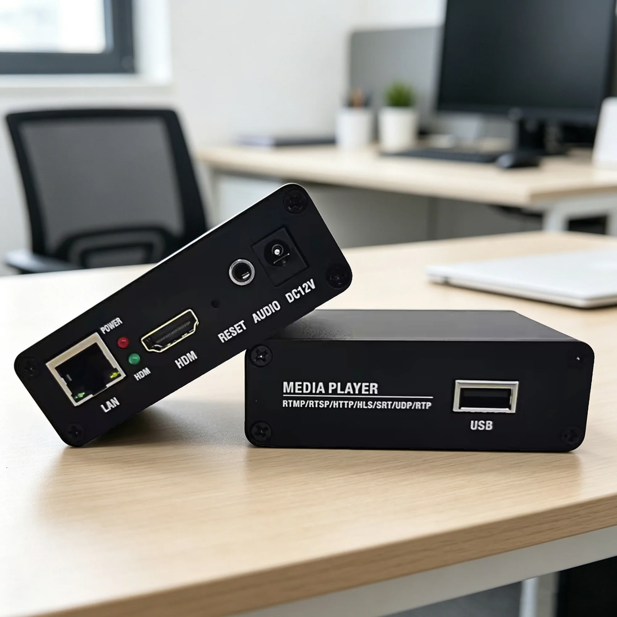 

The XP10 USB player can play MP4 files stored on a USB drive and supports RTMP, RTSP, HTTP TS, HTTP FLV, HLS, SRT, UDP, and more