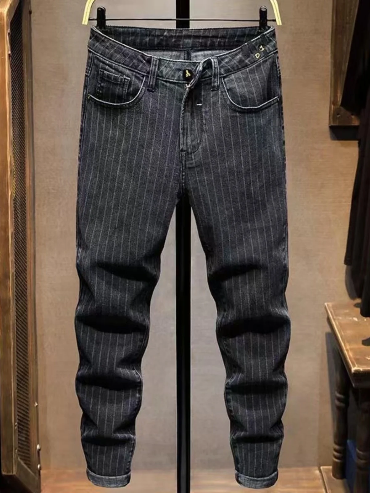 

Мужские джинсы в стиле ретро, приталенные, с вертикальными полосками, на флисовой подкладке, эластичные, повседневные, длинные брюки для осени и зимы