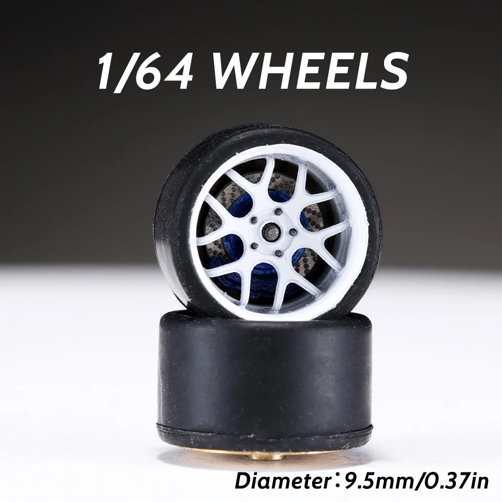 1/64 Alloy White Model Wheels Rubber Tires with Brake Disc Ball Bearing Rims for Diecast Model Car for Hot Wheels Diameter:9.5mm
