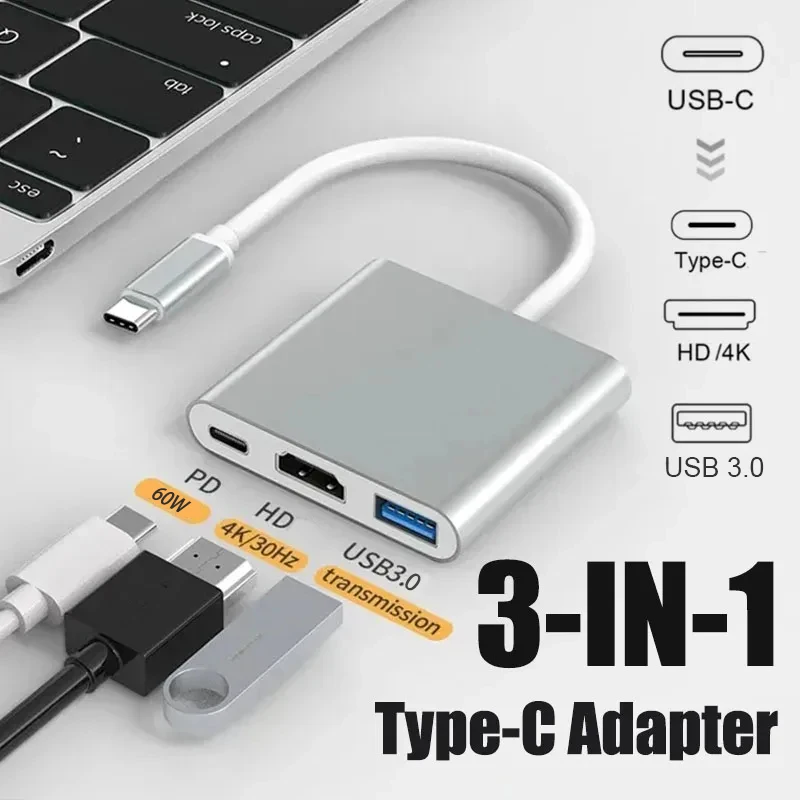 3-in-1 USB C Hub with 100W Power Delivery USB 3.0 4K HDMI-compatible for MacBook Surface Chrome Steam Deck Stable Smart Adapter