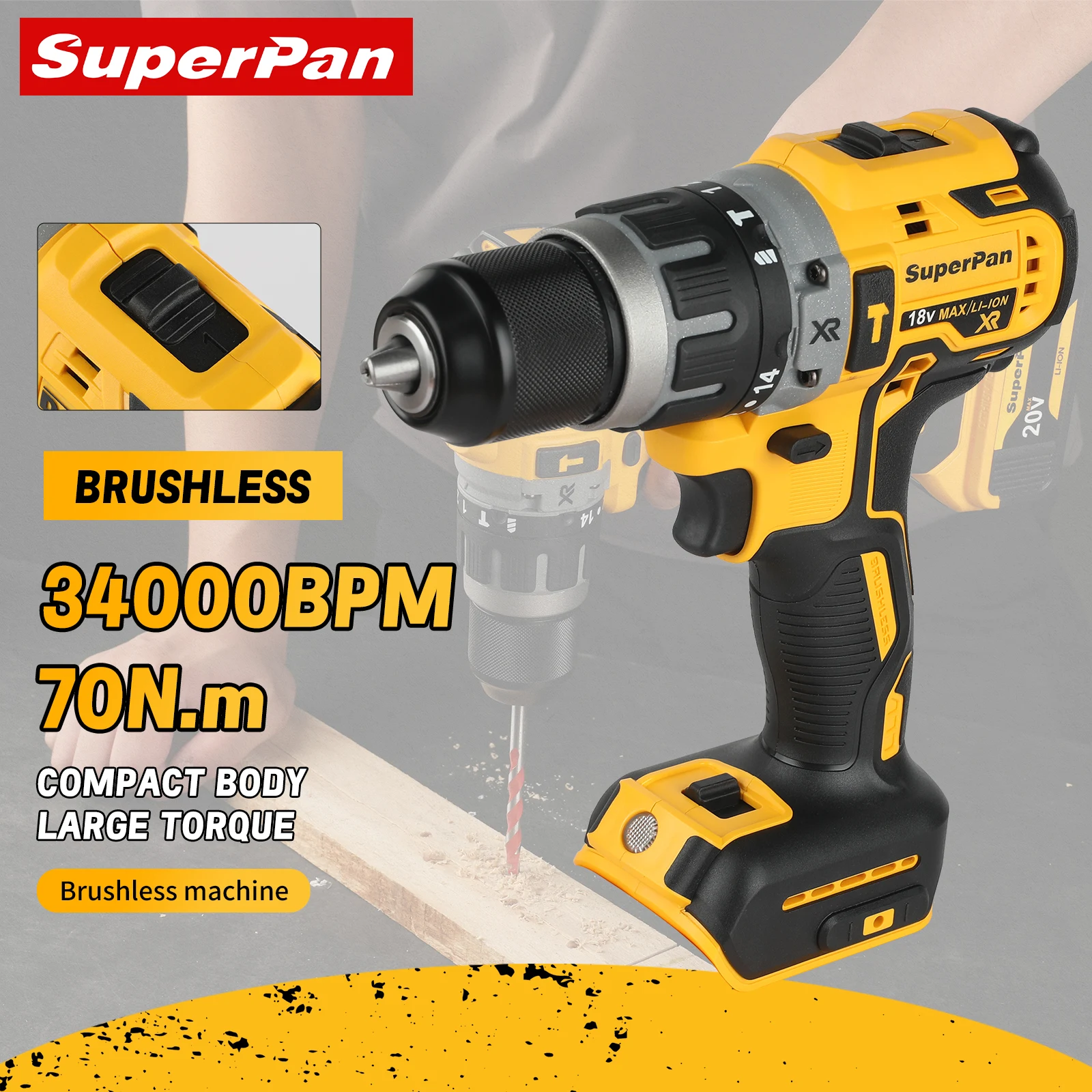 

Superpan DCD796 Cordless Brushless Driver Adjustable Speed Impact Hand Drill Rechargeable Power Tools For Dewalt 20v Battery Pin