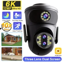 12MP 6K Outdoor WIFI PTZ Camera 10X Zoom Three Lens Dual Screens PTZ Cameras Auto Tracking Home Security CCTV Surveillance Cam