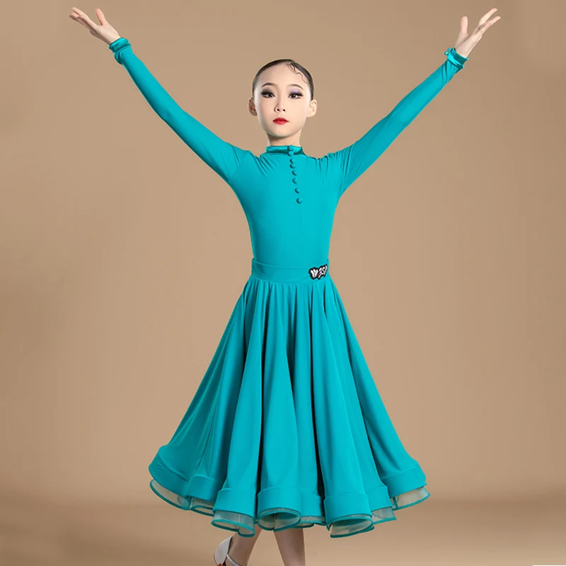 New National Standard Ballroom Dance Costume Girls Long Sleeves Latin Dance Professional Dress Waltz Modern Dancing Wear XS7861