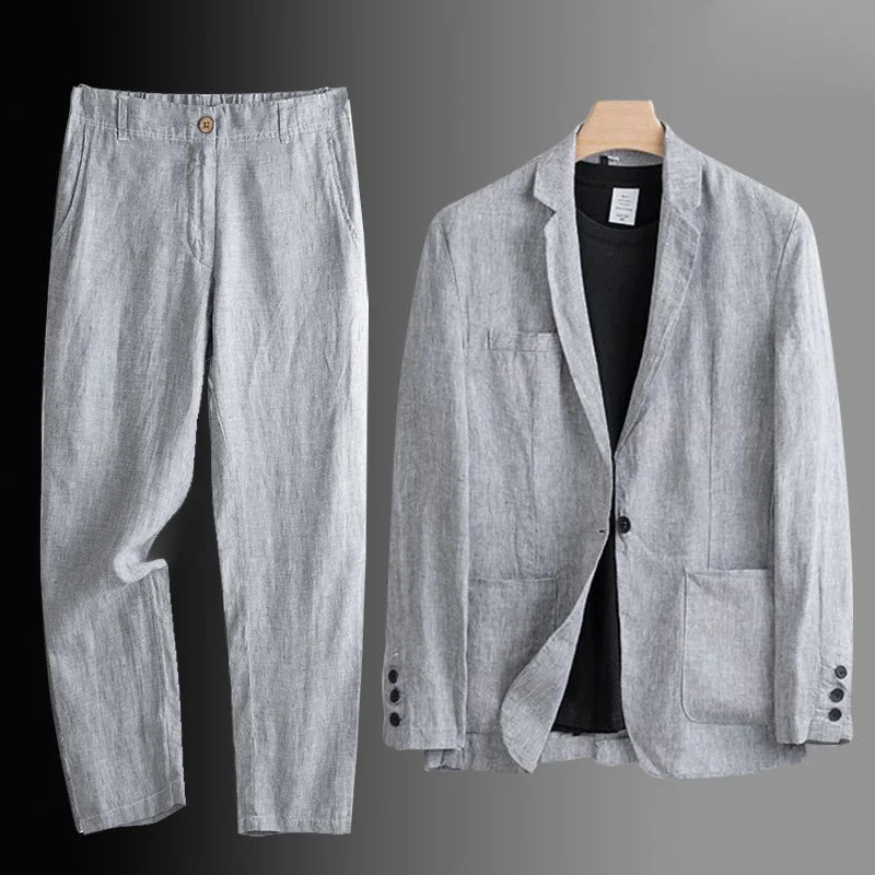 

H826 linen suit men's summer thin pants top thin jacket men's cotton and linen casual suit