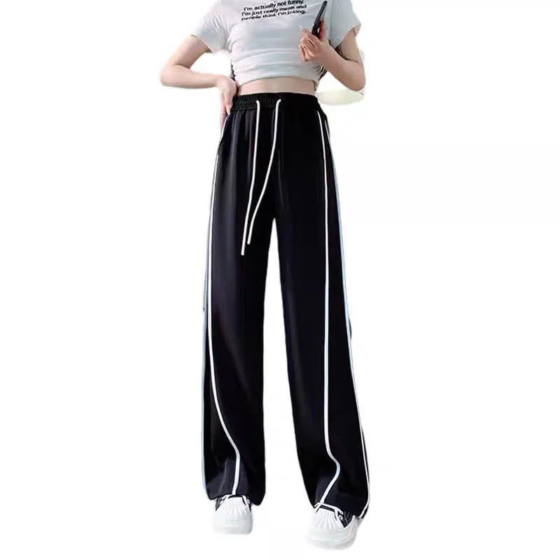 Calça esportiva feminina de seda gelo, primavera e verão, fina, novo estilo, solta, cintura alta, casual, secagem rápida, duas barras, reta, pernas largas