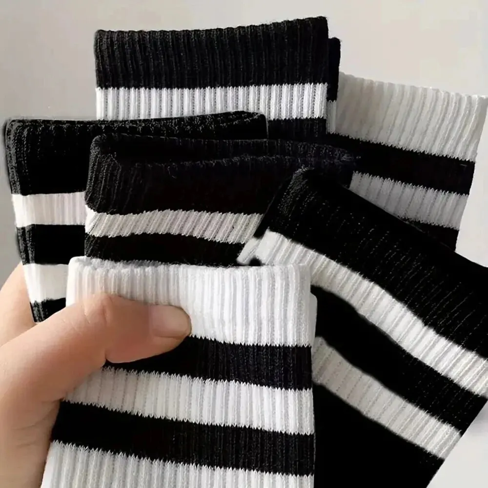 6 Pairs Men\'s Socks Spring Autumn Simple Casual Black White Striped Socks Breathable Mid Tube Sock High-quality Round Neck Socks