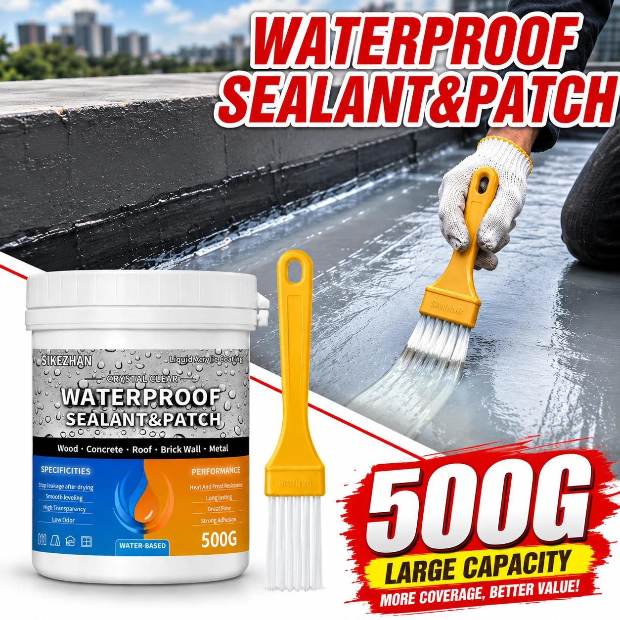 Professional 500g Waterproof Sealant Glue SIKEZHAN, High Transparency Leakage Repair for Wood Concrete Metal with Brush Kit